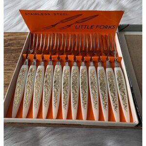 Vtg Stainless Steel Little Forks Set Of 12 With Ornate Handles In Original Box